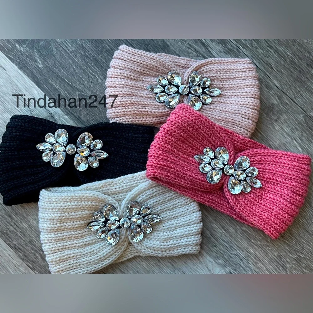 Teardrop Bow‎ Shape Clear Gem Pink Knit Knot Crochet Handmade Headband